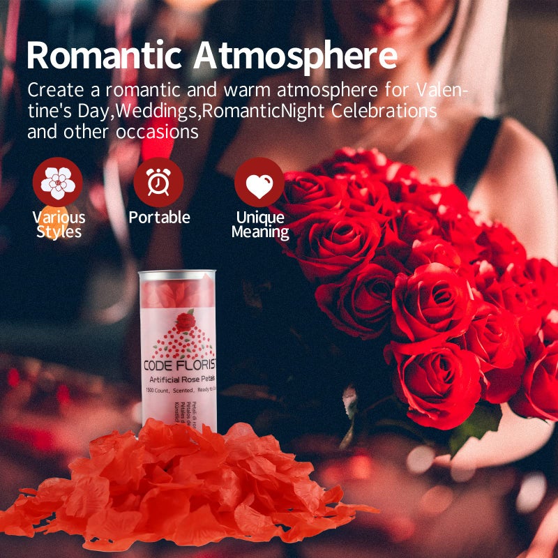 CODE FLORIST 1100 PCS Red Silk Rose Petals for Valentine's Day Romantic Night Wedding Proposal Anniversary Flower Decorations(Separated Scented) - Image 3