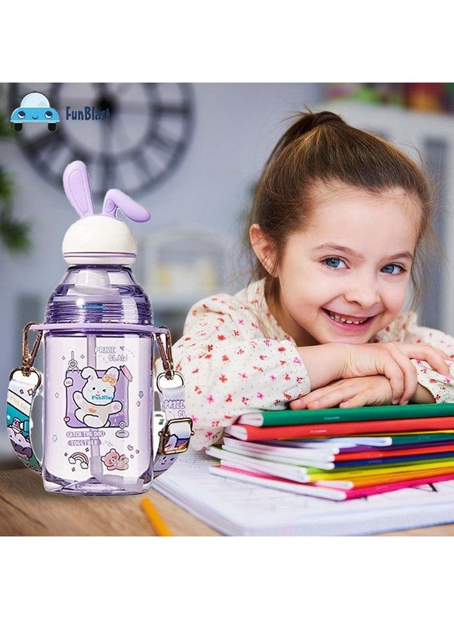 FunBlast Tritan Water Bottle With Straw And Adjustable Strap For Kidsschool Sipper Water Bottle For Kids Cartoon Themed Cute Water Bottle For Boys And Girls (400 Ml) (Purple) - Image 3