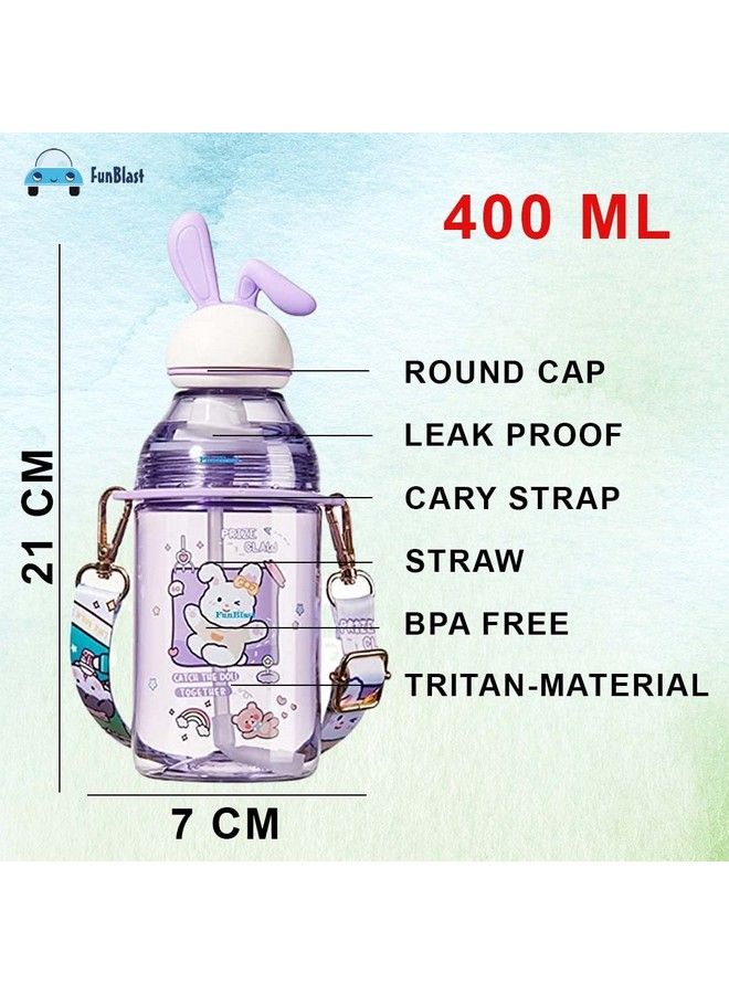 FunBlast Tritan Water Bottle With Straw And Adjustable Strap For Kidsschool Sipper Water Bottle For Kids Cartoon Themed Cute Water Bottle For Boys And Girls (400 Ml) (Purple) - Image 4
