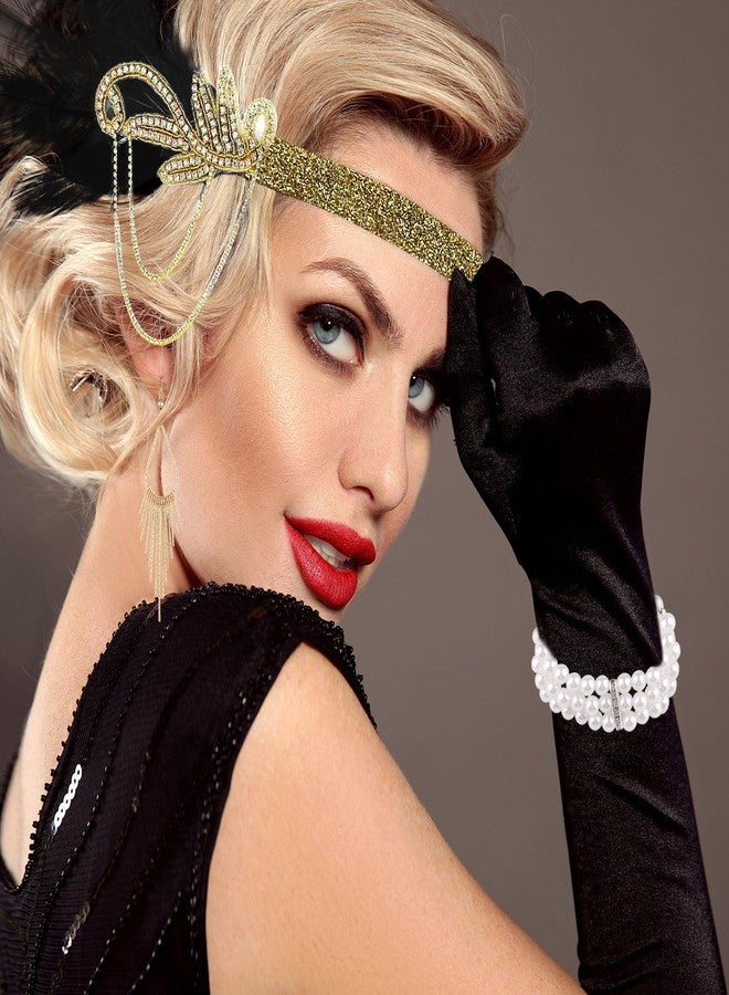 بلولون طقم إكسسوارات PLULON مكون من 7 قطع مستوحى من موضة عشرينيات القرن العشرين، مستوحى من فيلم غاتسبي العظيم، يتضمن عصابة رأس، وغطاء رأس، وقفازات سوداء طويلة، وقلادة، وأقراط للنساء (النمط 4). - Image 4