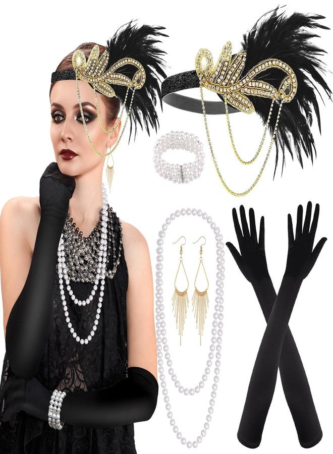 بلولون طقم إكسسوارات PLULON مكون من 7 قطع مستوحى من موضة عشرينيات القرن العشرين، مستوحى من فيلم غاتسبي العظيم، يتضمن عصابة رأس، وغطاء رأس، وقفازات سوداء طويلة، وقلادة، وأقراط للنساء (النمط 4). - Image 1