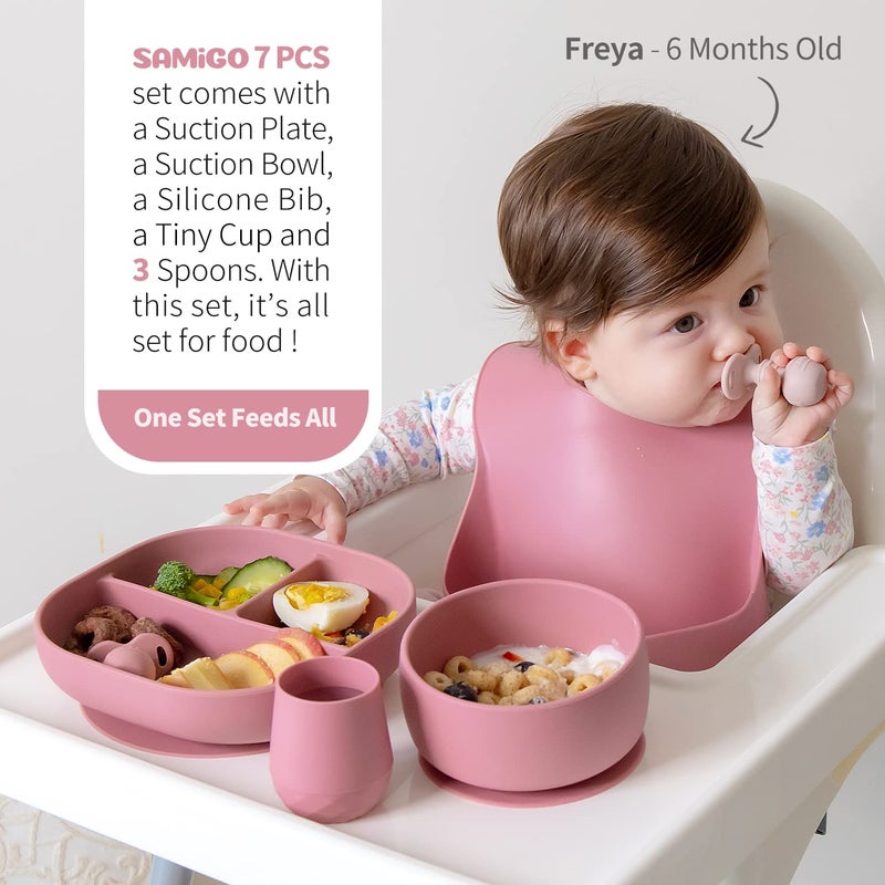 SAMiGO Silicone Baby Feeding Set, Baby Led Weaning Supplies, Suction Bowl Plate Bib Cup Self Feeding Spoons, Solid Food Eating Essentials, First Stage Utensils, 6+ Months - Image 2