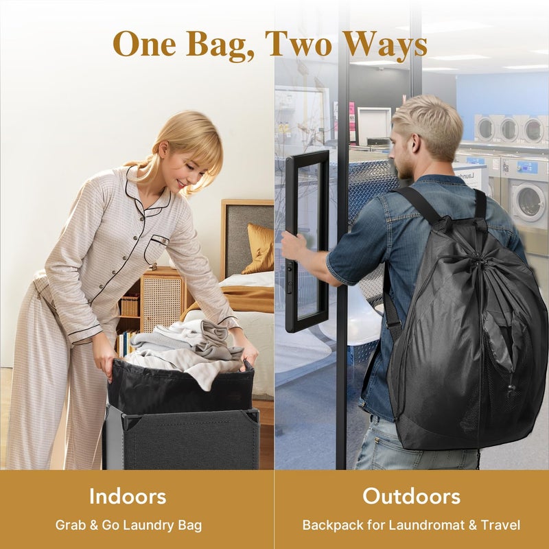 Foluck 60L 2-in-1 Laundry Hamper with Laundry Backpack, Waterproof Basket with Lid, Laundry Bag with Shoulder Straps and Mesh Pocket, Hamper for College Dorm, Travel, Apartment, Laundromat - Image 3