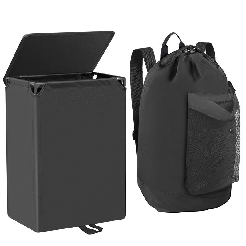 Foluck 60L 2-in-1 Laundry Hamper with Laundry Backpack, Waterproof Basket with Lid, Laundry Bag with Shoulder Straps and Mesh Pocket, Hamper for College Dorm, Travel, Apartment, Laundromat - Image 1