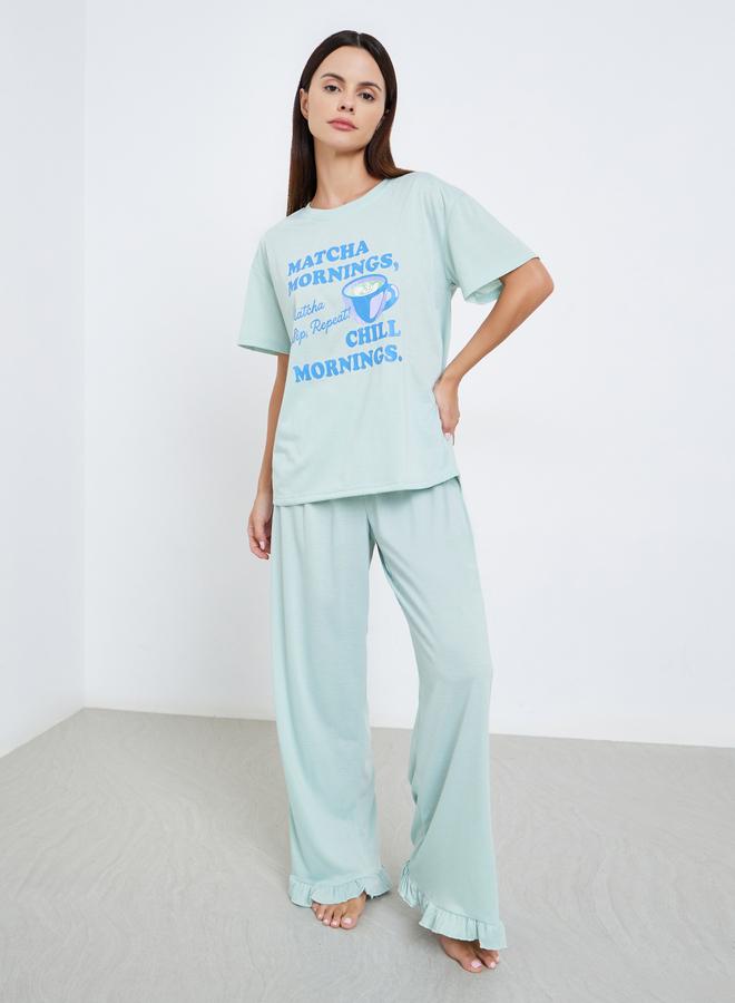 Styli Match Graphic Drop Shoulder T-Shirt and Ruffle Pyjama Set - Image 1