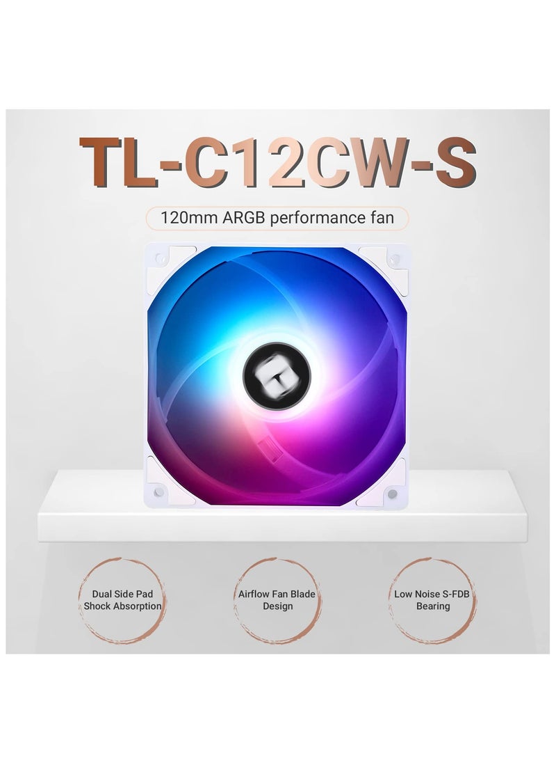 ثيرمالرايت ثيرمال رايت مروحة تبريد لوحدة المعالجة المركزية TL-C12CW-S مقاس 120 ملم بلون ابيض ARGB مع 4 دبابيس PWM مع محمل S-FDB متضمن، مروحة تبريد تصل الى 1550 دورة في الدقيقة  - Image 2