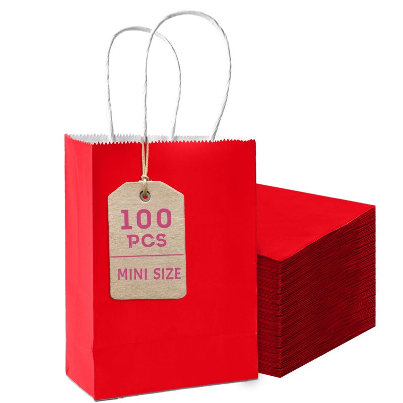 Bakepacker 100 Pcs Red Mini Paper Gift Bags with Handles 6"x4.5"x2.5" Party Favor Bags Multiple Uses (Mini size) - Image 1