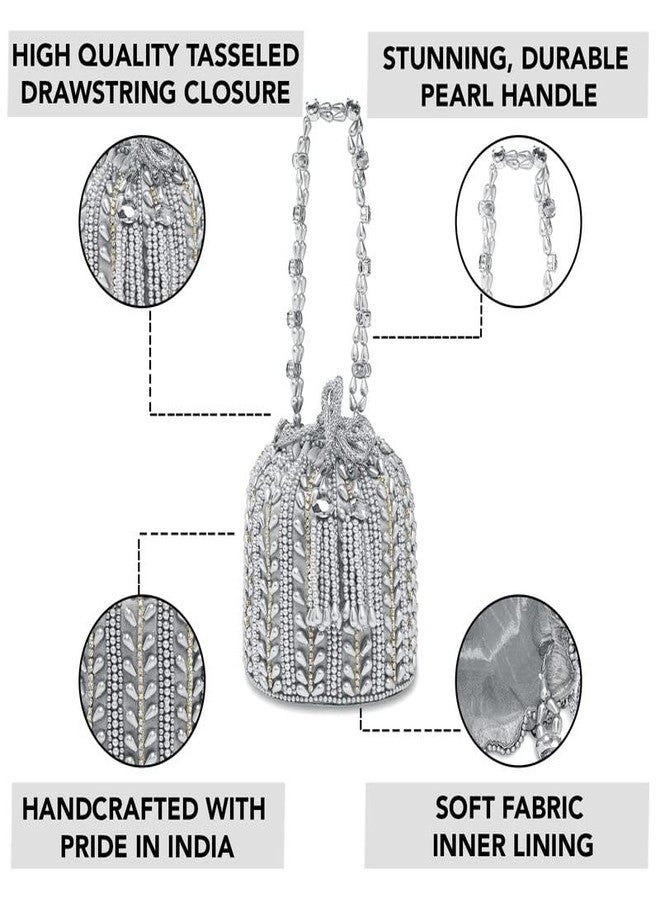 Aheli Silver Potli Bag Gift for Women Evening Bag Clutch Ethnic Bride Purse with Drawstring - Image 3