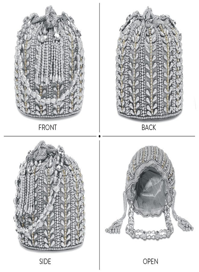 Aheli Silver Potli Bag Gift for Women Evening Bag Clutch Ethnic Bride Purse with Drawstring - Image 4