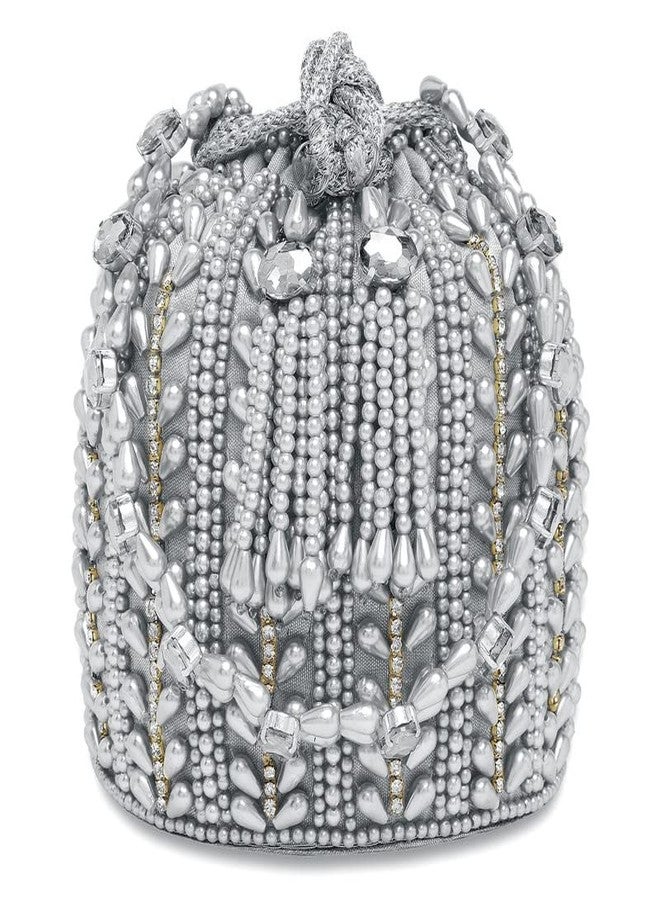 Aheli Silver Potli Bag Gift for Women Evening Bag Clutch Ethnic Bride Purse with Drawstring - Image 1