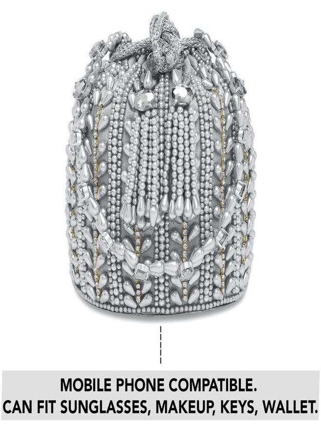Aheli Silver Potli Bag Gift for Women Evening Bag Clutch Ethnic Bride Purse with Drawstring - Image 2