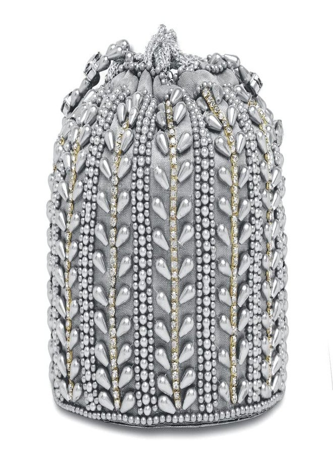 Aheli Silver Potli Bag Gift for Women Evening Bag Clutch Ethnic Bride Purse with Drawstring - Image 5