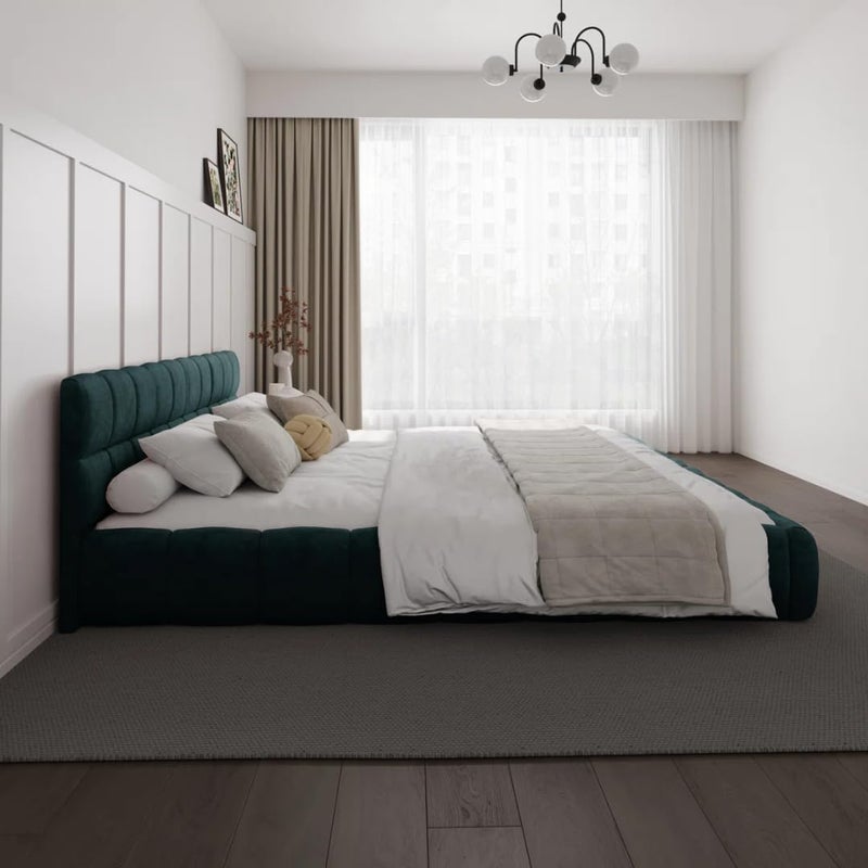 Modern Upholstered Bed Frame with Tufted Headboard - Premium Linen Textured Fabric Platform Bed - Sturdy Wooden Slat Support, No Box Spring Required (Green, Twin) - Image 3