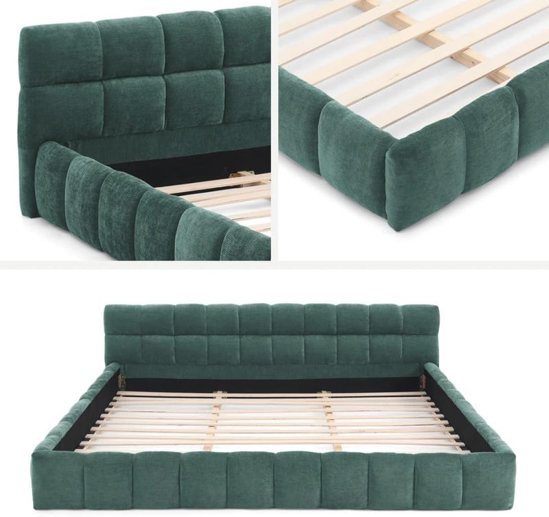 Modern Upholstered Bed Frame with Tufted Headboard - Premium Linen Textured Fabric Platform Bed - Sturdy Wooden Slat Support, No Box Spring Required (Green, Twin) - Image 4