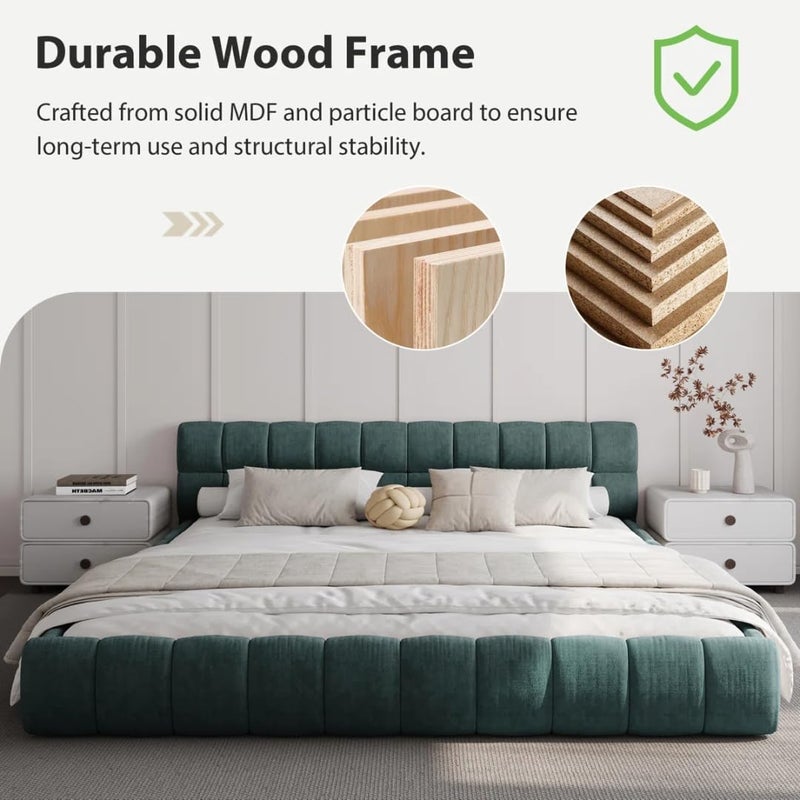 Modern Upholstered Bed Frame with Tufted Headboard - Premium Linen Textured Fabric Platform Bed - Sturdy Wooden Slat Support, No Box Spring Required (Green, Twin) - Image 5