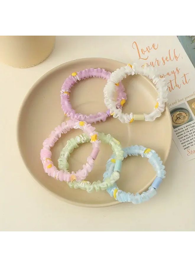 5pc Pastel Floral Mesh Scrunchies Hair Ties With Flower Accents In 5 Colors - Image 1