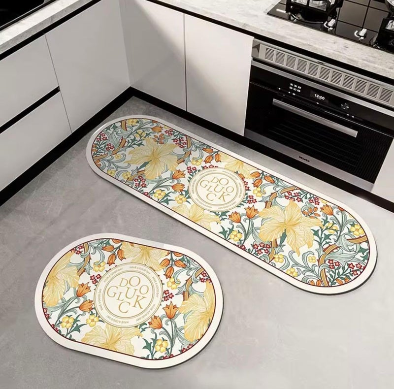 Flower Kitchen Rug Set of 2, Oval and Rectangle Shape Non-Slip Kitchen Mat - Image 2