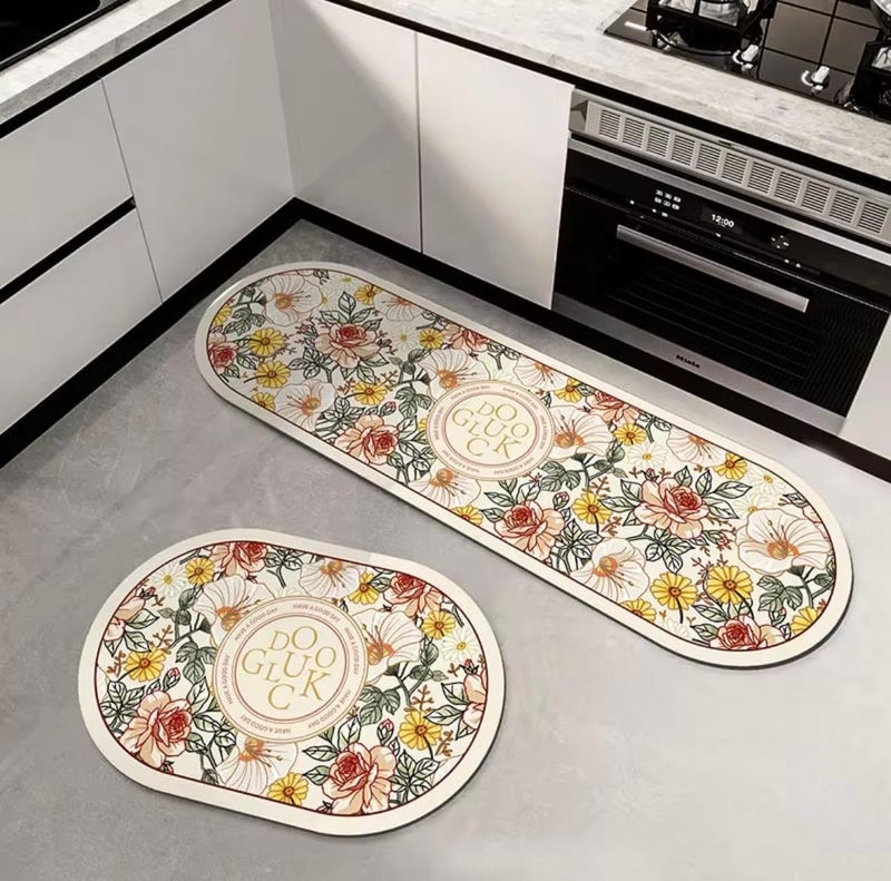 Flower Kitchen Rug Set of 2, Oval and Rectangle Shape Non-Slip Kitchen Mat - Image 1