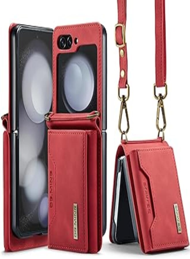 fashion mania Cards Solt Wallet Crossbody Lanyard Leather Cover For Samsung Galaxy Z Flip 5 2023 5G Purse Pocket Shoulder Strap Phone Case (Red) 