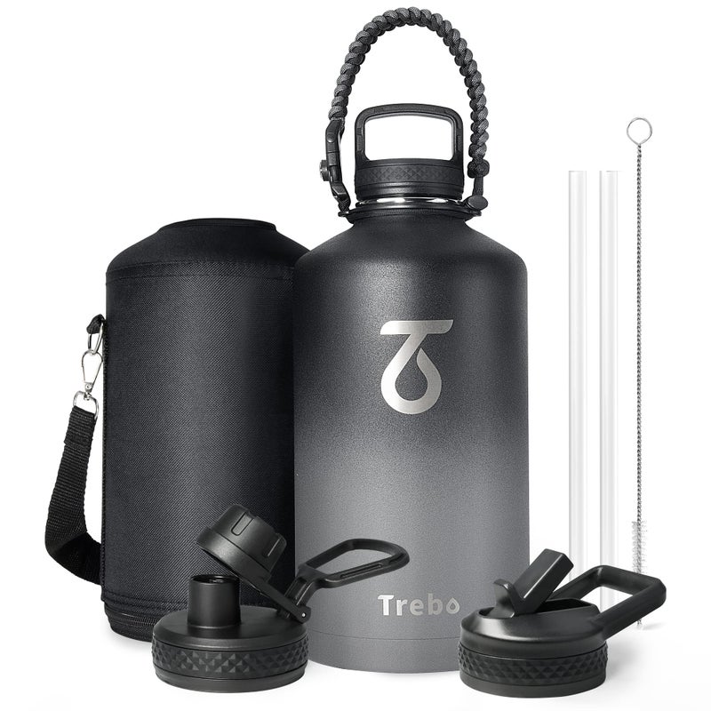Trebo One Gallon Water Bottle Insulated with Paracord Handle128oz Stainless Steel Sports Large Jug Foodgrade Double Wall Vacuum with Straw Spout Handle Lids Leakproof Keep Cold Hot Dark Gray