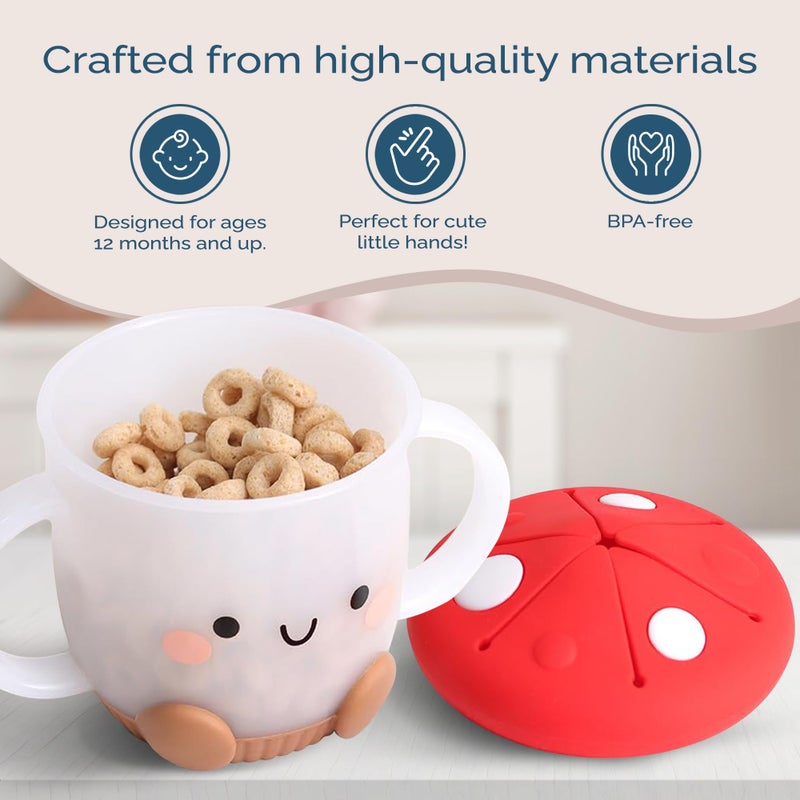 Itzy Ritzy Toddler Snack Cup - Spill-Proof Snack Cup for Toddlers with Soft Silicone Lid for Easy Food Access - Easy-To-Hold Kids Snacks Container With Handles - Ideal for 12 months & Up (Mushroom) - Image 5