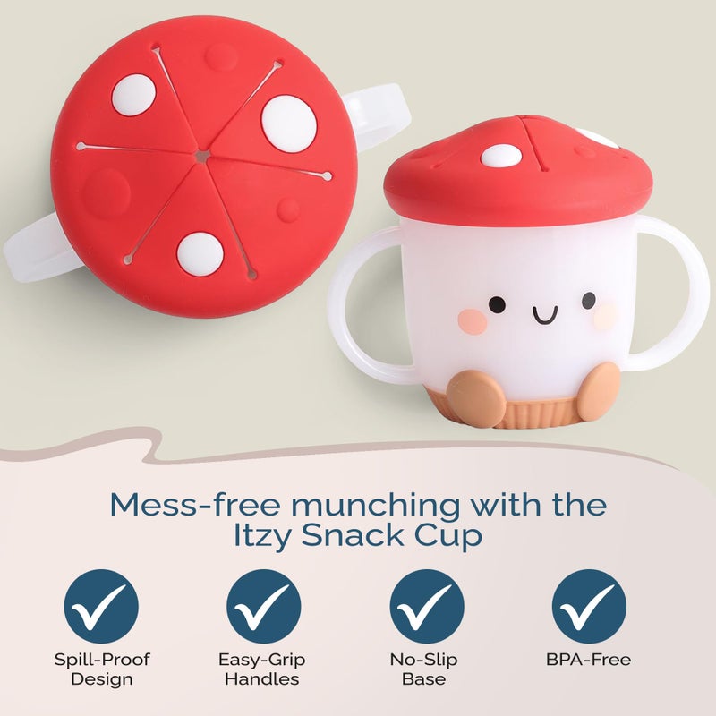 Itzy Ritzy Toddler Snack Cup - Spill-Proof Snack Cup for Toddlers with Soft Silicone Lid for Easy Food Access - Easy-To-Hold Kids Snacks Container With Handles - Ideal for 12 months & Up (Mushroom) - Image 3