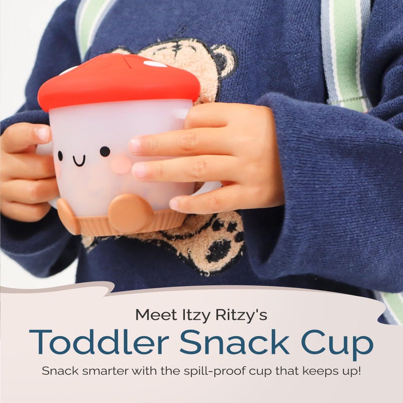 Itzy Ritzy Toddler Snack Cup - Spill-Proof Snack Cup for Toddlers with Soft Silicone Lid for Easy Food Access - Easy-To-Hold Kids Snacks Container With Handles - Ideal for 12 months & Up (Mushroom) - Image 2