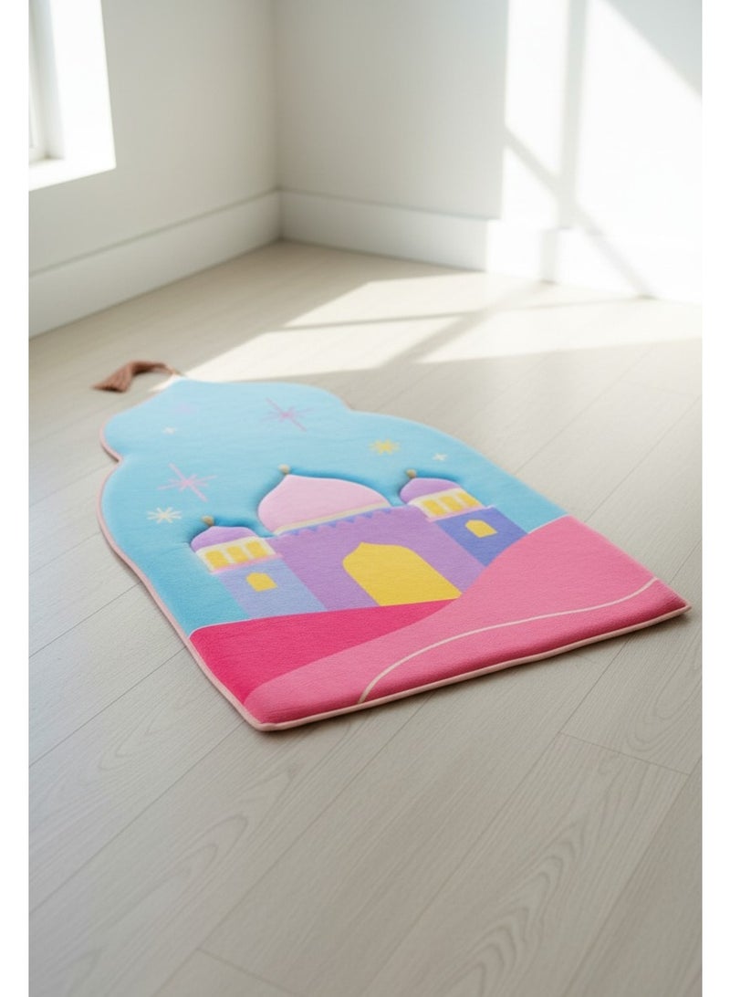 فابينني سجادة صلاة للأطفال 60×95 سم، سجادة صلاة من إسفنج الذاكرة للبنات على شكل قبة بتصميم ثلاثي الأبعاد ملون وشرابة، سجادة صلاة خفيفة الوزن غير قابلة للانزلاق للأطفال، سجادة هدايا، لون سماوي/وردي - Image 2