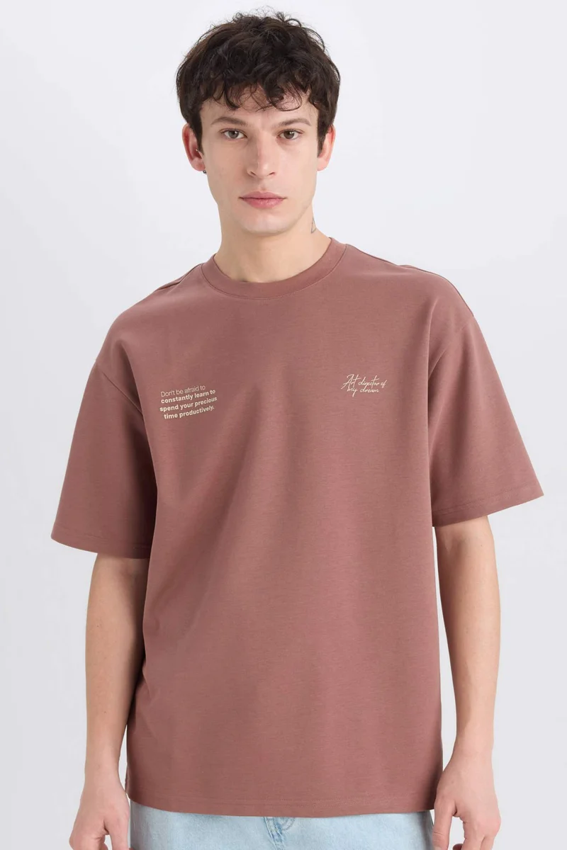 ديفاكتو Boxy Fit Crew Neck Printed Heavy Fabric T-Shirt