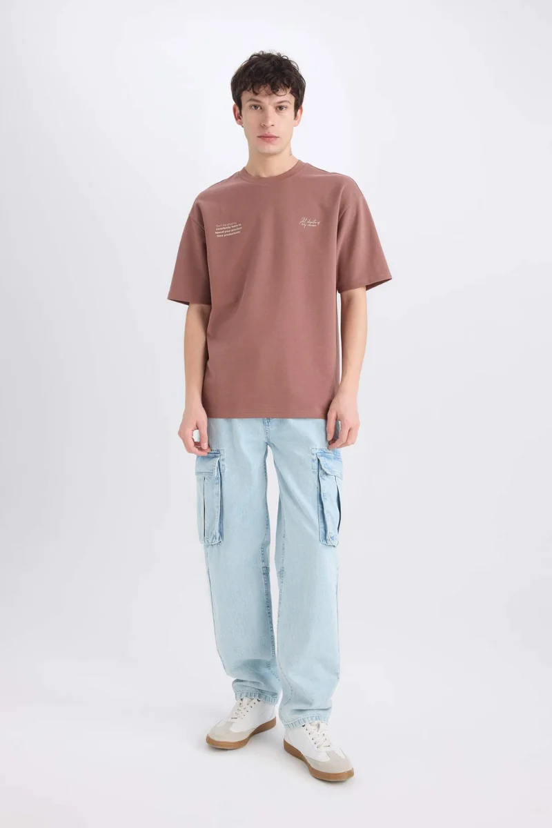 ديفاكتو Boxy Fit Crew Neck Printed Heavy Fabric T-Shirt