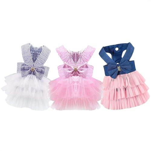 TAPBULL Dog Dresses, Fashion Pet Dog Clothes, Striped Mesh Puppy Dogs Princess Dresses (Pink/Blue/Denim(3pack), XX-Large) - Image 1