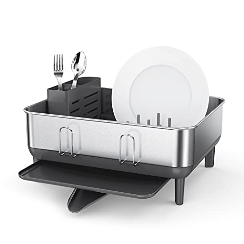 simplehuman Steel Frame Dishrack, Compact Dish Drying Rack for Small Kitchens, 360º Easy Drain Swivel Spout, Anti-Residue Coating, Moisture Control Surface, Brushed Stainless Steel - Image 1