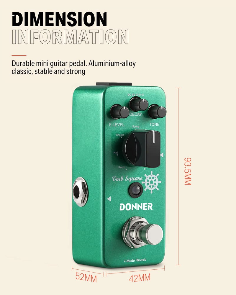 Donner Reverb Guitar Pedal, Verb Square Digital Reverb 7 Modes Room, Hall, Church, Spring, Plate, Studio, Mod, True Bypass - Image 3