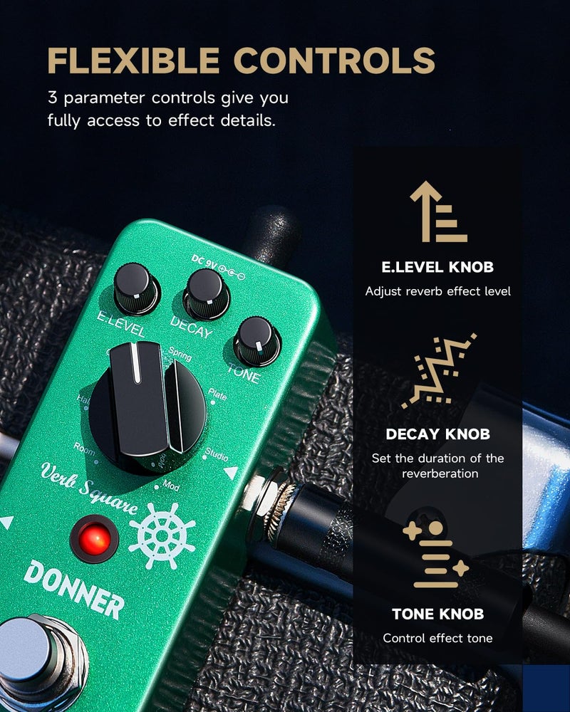 Donner Reverb Guitar Pedal, Verb Square Digital Reverb 7 Modes Room, Hall, Church, Spring, Plate, Studio, Mod, True Bypass - Image 4