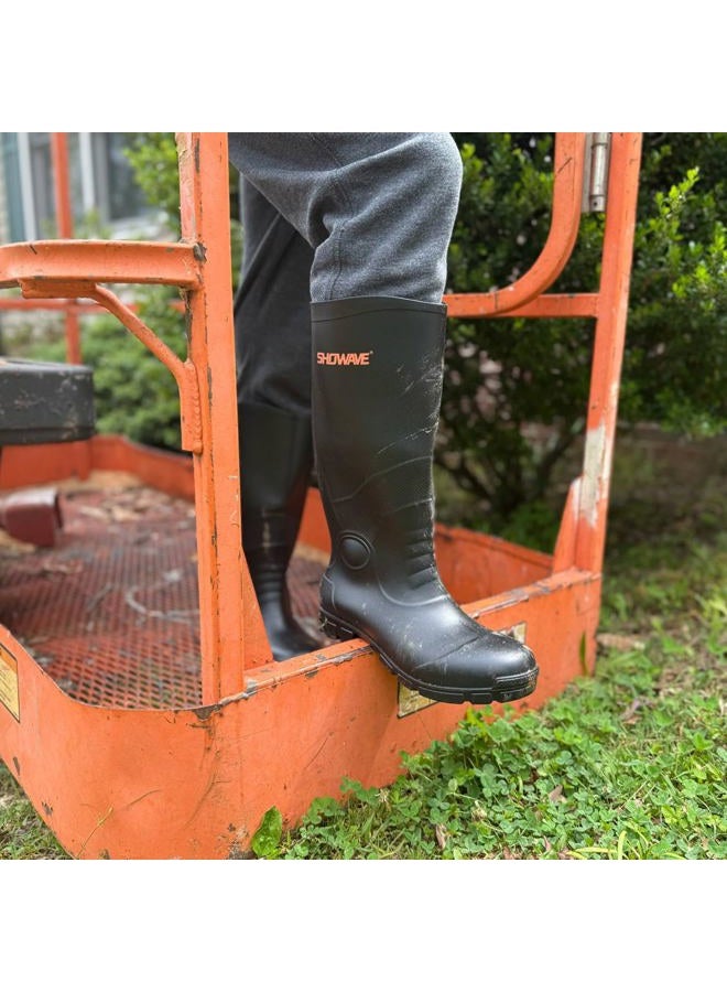 Showave Steel Toe Rubber Work Boots for Men Waterproof Durable Concrete Boots for Hunting Manufacturing Construction, Soft Toe-black, 13 - Image 2