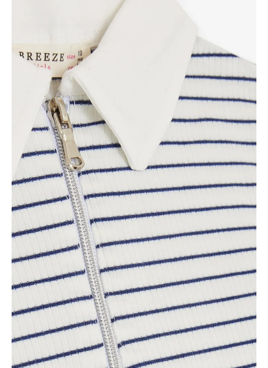 بريز Girl's Crop T-Shirt Zippered Striped White (Age 9-14)