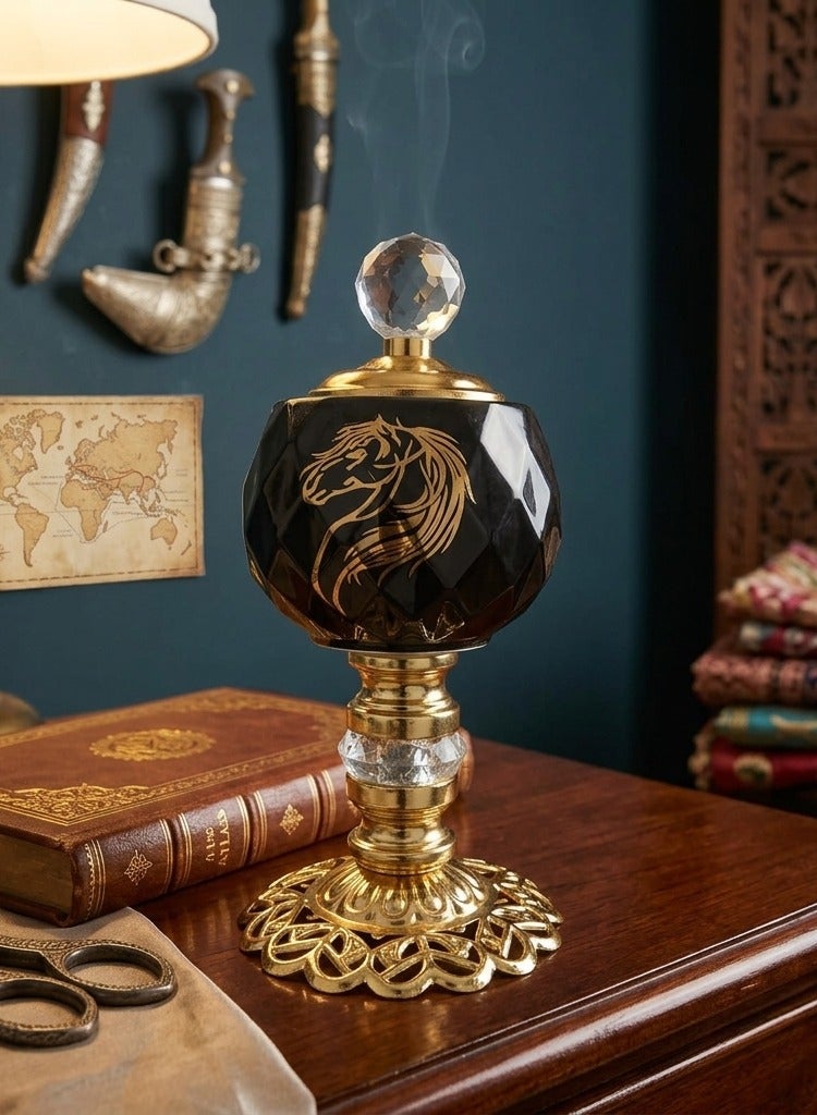 Elegant Black with Gold plated Crystal Bakhoor Burner with Artistic Horse Motif Edition for Home Decor, Spiritual Use and Gifting - KW1048 - Black - Image 1