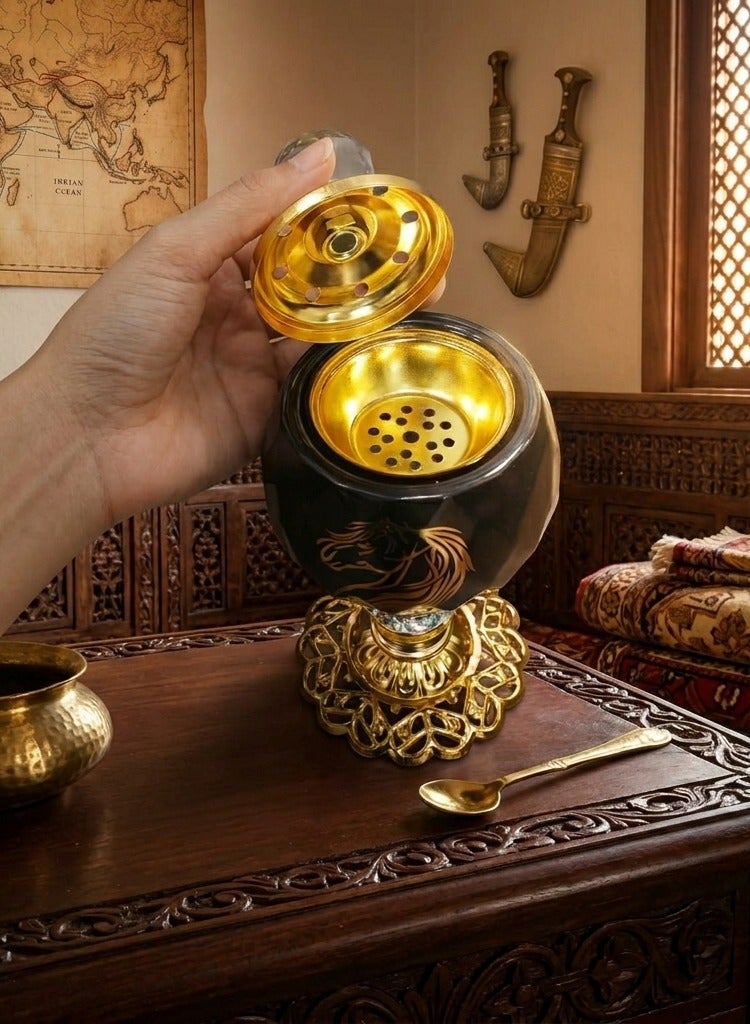 Elegant Black with Gold plated Crystal Bakhoor Burner with Artistic Horse Motif Edition for Home Decor, Spiritual Use and Gifting - KW1048 - Black - Image 3