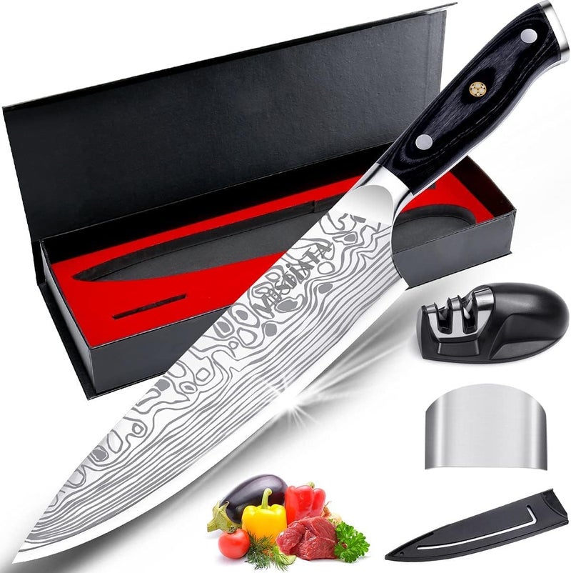 MOSFiATA 8" Super Sharp Professional Chef's Knife with Finger Guard and Knife Sharpener, German High Carbon Stainless Steel EN1.4116 with Micarta Handle and Gift Box - Image 1