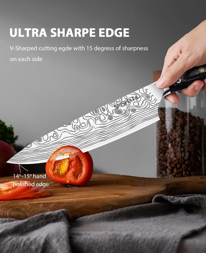 MOSFiATA 8" Super Sharp Professional Chef's Knife with Finger Guard and Knife Sharpener, German High Carbon Stainless Steel EN1.4116 with Micarta Handle and Gift Box - Image 2