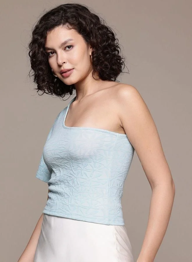 Freehand Women Regular Fit Textured Asymmetric Neck Sleeveless One Shoulder Top