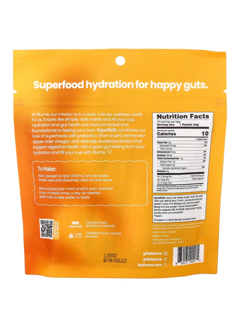 Blume SuperBelly, Gut-Building Hydration Drink Mix Powder, Mango Passion Fruit, 15 Packets, 0.14 oz (4 g) Each - Image 2