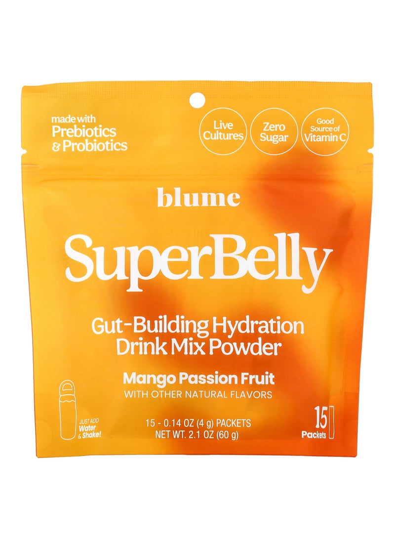 Blume SuperBelly, Gut-Building Hydration Drink Mix Powder, Mango Passion Fruit, 15 Packets, 0.14 oz (4 g) Each - Image 1