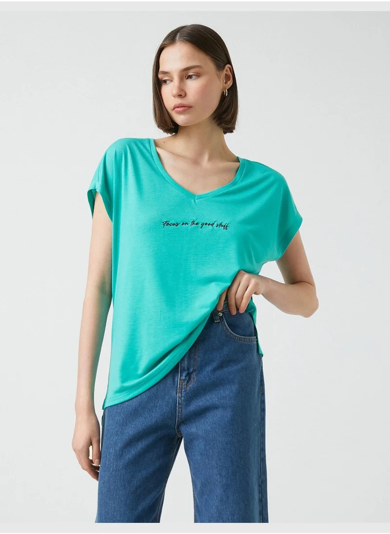 KOTON Slogan Printed T-Shirt V Neck