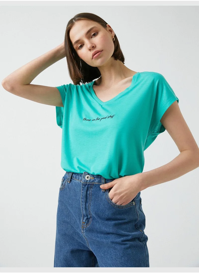 KOTON Slogan Printed T-Shirt V Neck