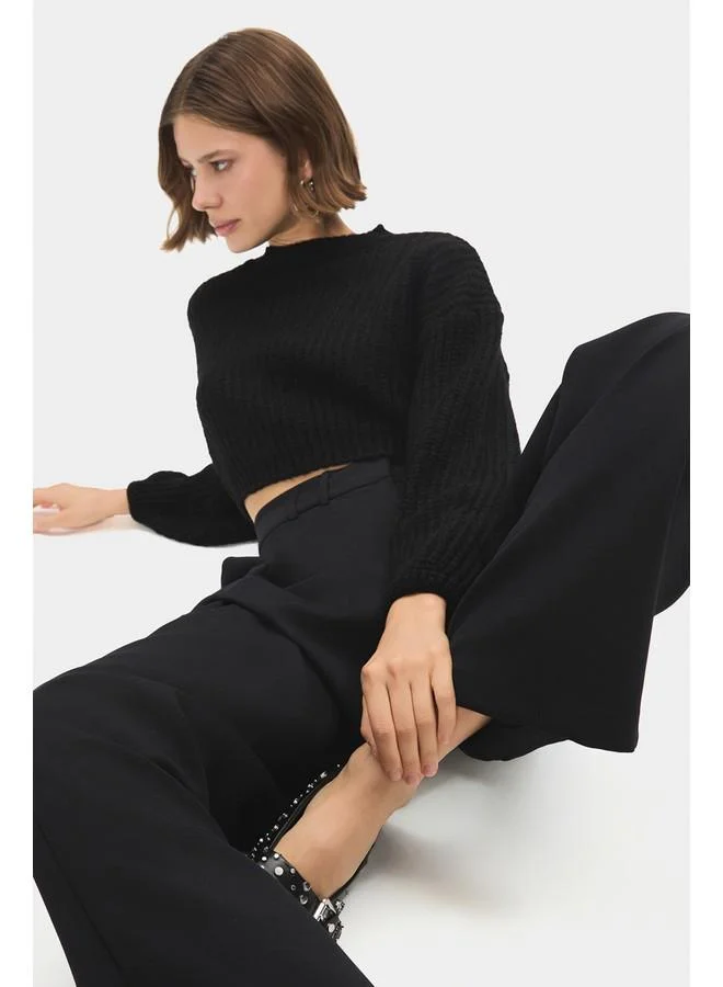 JUNE June Women Crew Neck Balloon Sleeve Crop Knitwear Sweater Black