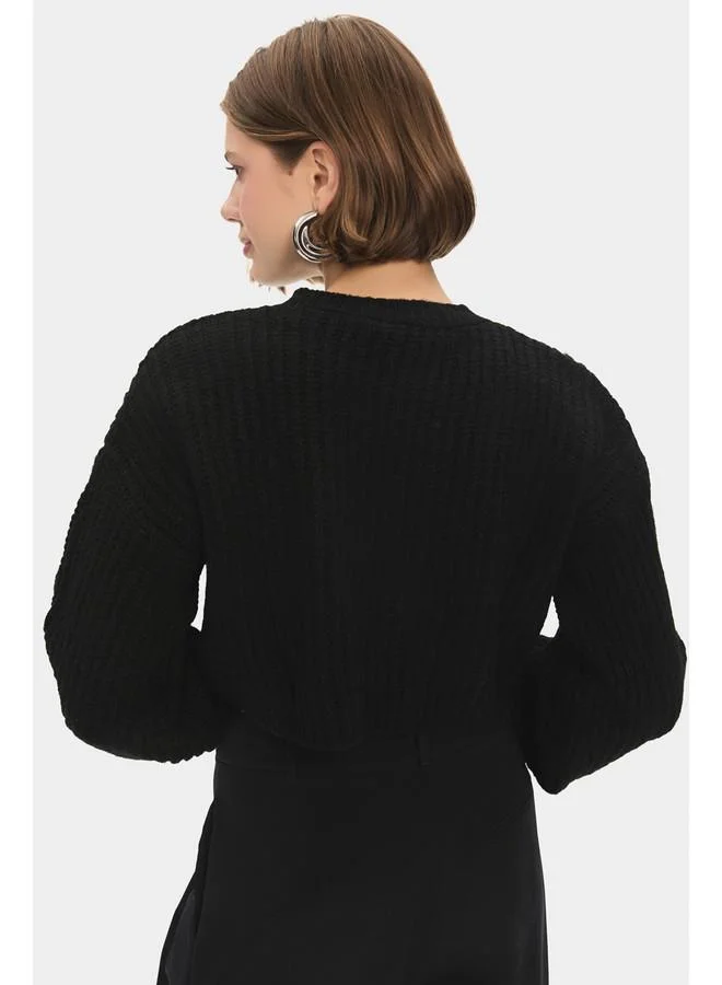 JUNE June Women Crew Neck Balloon Sleeve Crop Knitwear Sweater Black