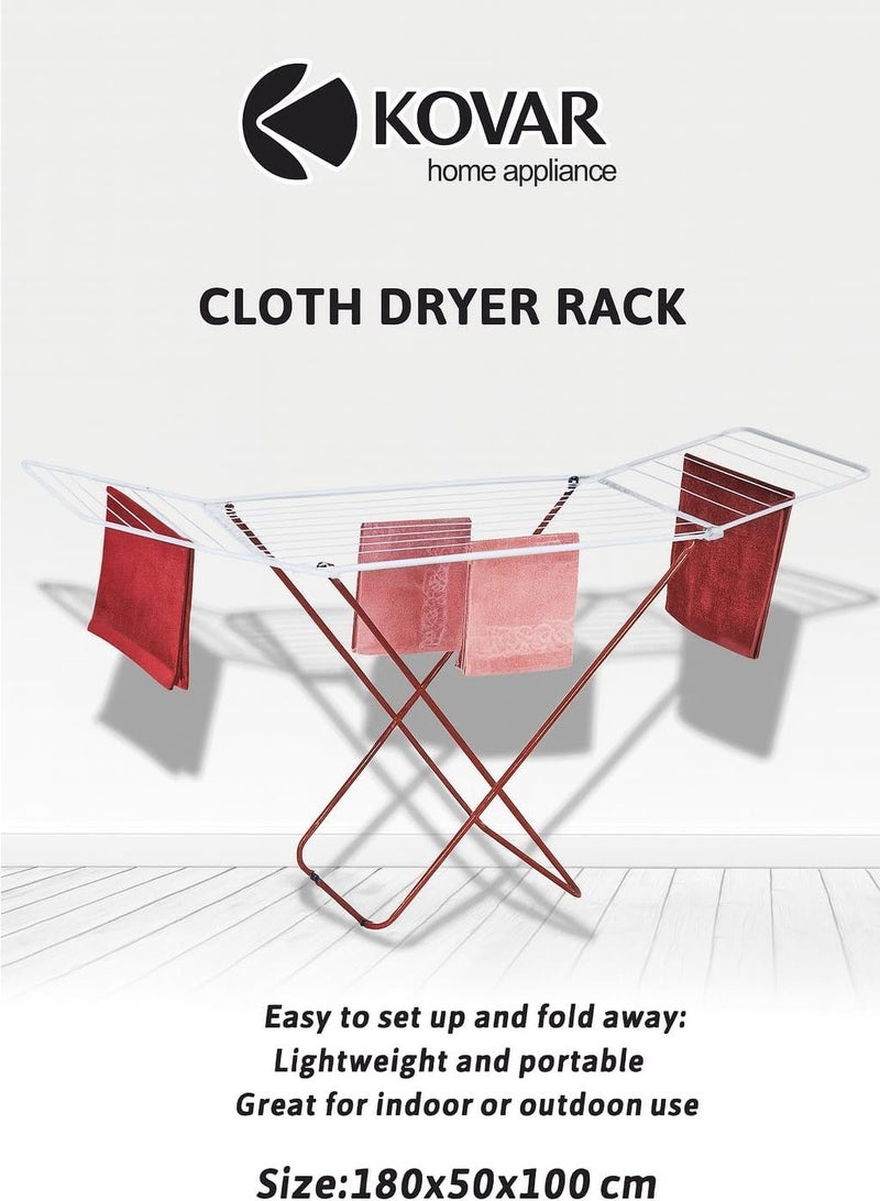 KOVAR Foldable Clothes Drying Rack, 180x50x100 cm, Indoor Outdoor Laundry Stand, White and Red