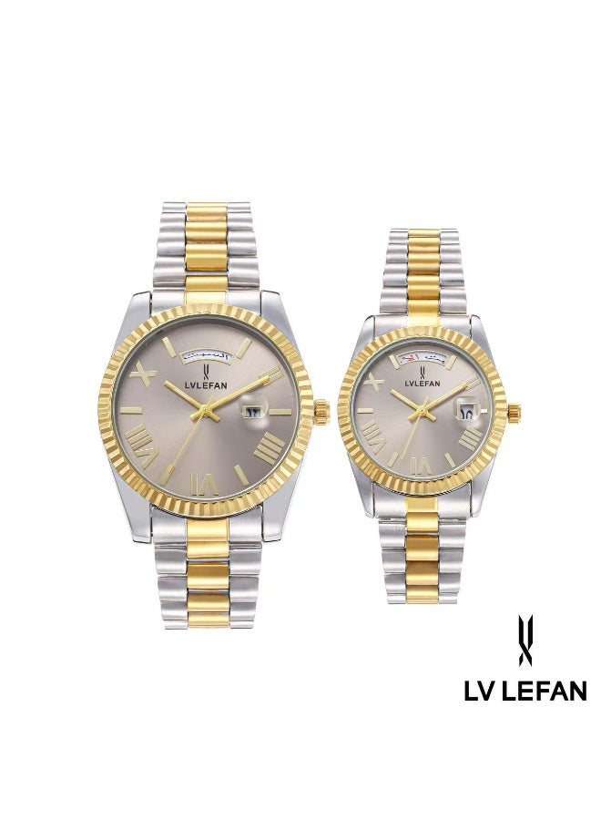 ليفان طقم ساعة يد للزوجين ضد الماء الفولاذ المقاوم للصدأ حزام زوجين الكوارتز ووتش مجموعة، الفاخرة مضيئة للماء التقويم ووتش هدية