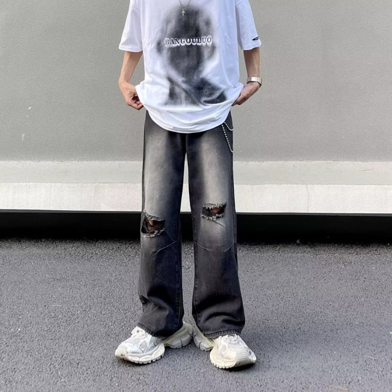 American-style Retro Striped Tooling Jeans Unisex cleanfit Street Multi-Pocket Straight Loose Loose Trousers Black  - Image 4